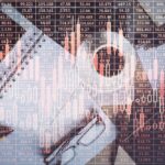 A work desk with a notebook, coffee cup, smartphone, and pen overlaid with transparent financial charts and numerical stock data, symbolizing market analysis and trading.