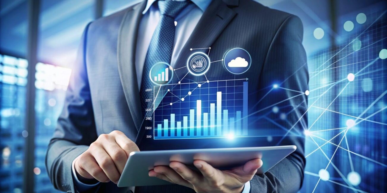 Businessman using tablet with digital analytics to make data-driven decisions in iGaming