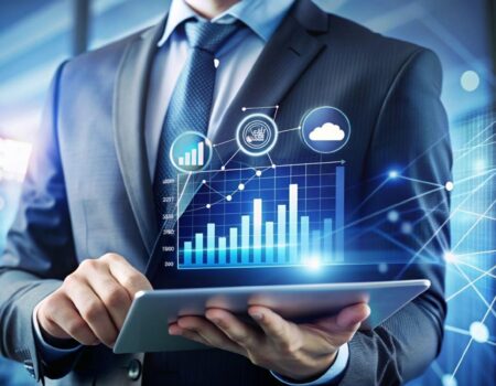 Businessman using tablet with digital analytics to make data-driven decisions in iGaming