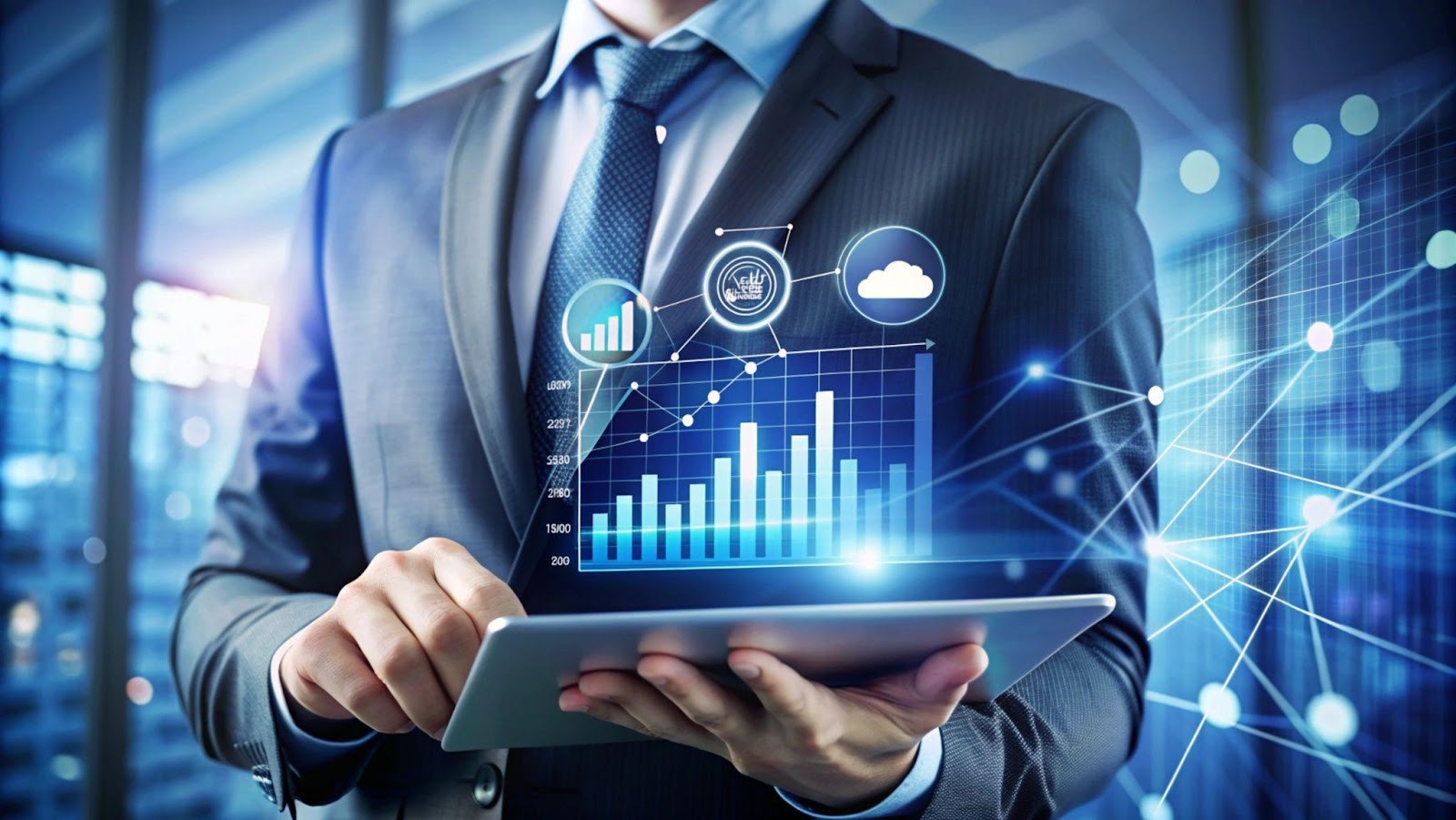 Businessman using tablet with digital analytics to make data-driven decisions in iGaming