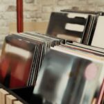 Rack with Different Vinyl Records in Store